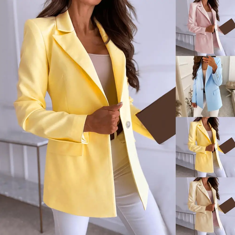 Elegant Women Solid Color Tailored Coat Single Button Design Pockets Decor Turn-down Collar Long Sleeve Spring Autumn Top