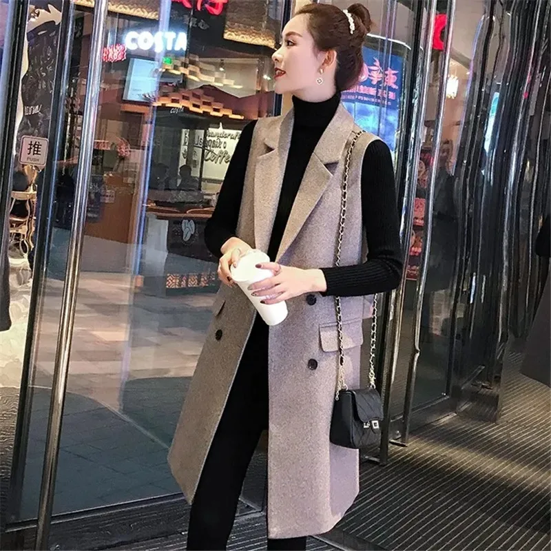 Woolen Long Vest Women Coat Sleeveless Double Breasted Waistcoat Jacket Winter Fashion Parkas Office Casual Gilet Femme Cardigan