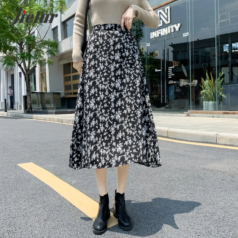 Jielur Fashion Floral Print Midi Skirt New Retro Elegant High Waist 2021 Long Skirts Female Korean Casual Harajuku Fall Winter