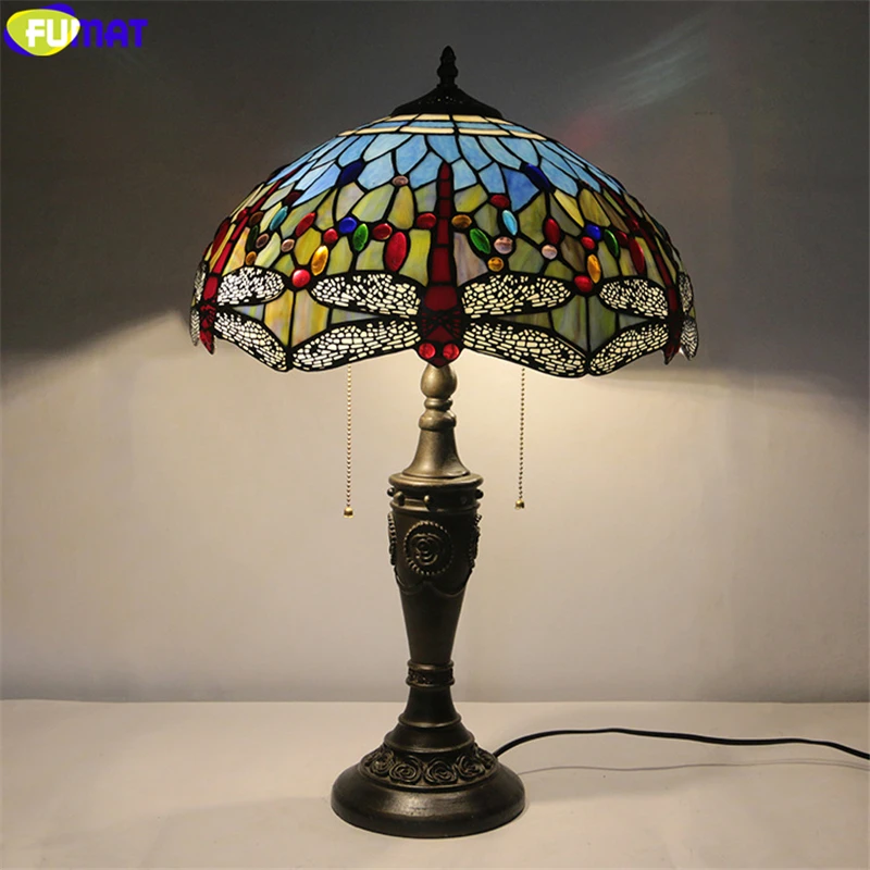 FUMAT Stained Glass Table Lamp Antique Tiffany Style Blue Rose Shade Desk Art Decoration Lights Rise Cast Rose Frame Lighting