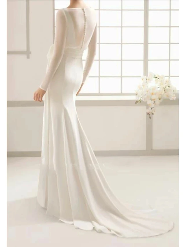 Wedding Dresses With Bow Buttons 2024 Bateau Neck Satin Tulle Long Sleeve Simple Bridal Gown Vestidos Mariage