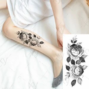 Waterproof Temporary Tattoo Sticker Black and White Rose Peony Flower Flash  Body Art Arm Fake Sleeve  for Women Men
