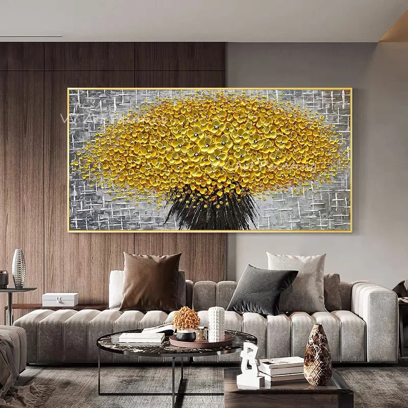 Nordic Handpainted yellow knife thick grey canvas large size Oil Painting Nordic Simple Mural Modern Decoration Gift