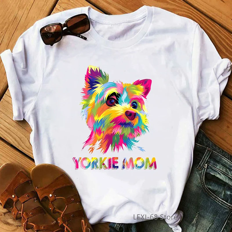 Rainbow Yorkie Mom Graphic Print Tshirt Women'S Clothing Funny Pride Lgbt T-Shirt Femme Dag Lover T Shirt Female Streetwear