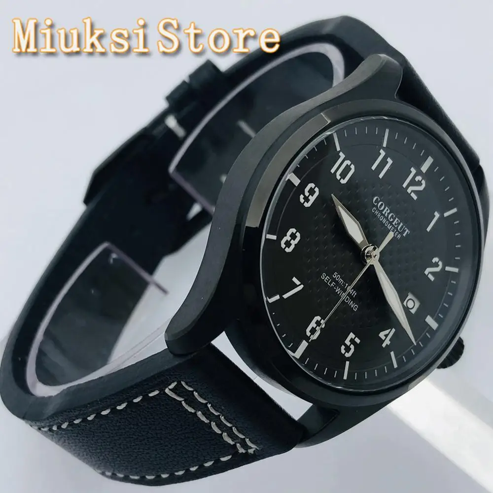 CORGEUT 40mm Black PVD Case Brown Sterile Dial Luminous Waterproof Leather Strap 24 Jewels NH35 Movement Men\'s Automatic Watch