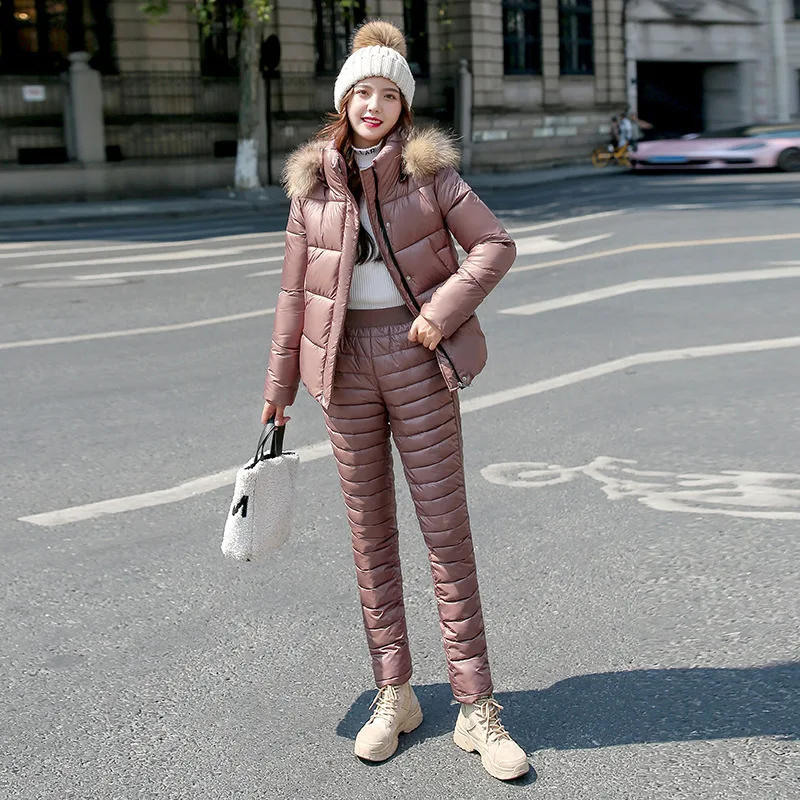 Winter Clothes New Warm Fashion Long-Sleeved High-Waist Trousers Two-Piece Cotton-Padded Cotton clothes Coat Ensemble Femme