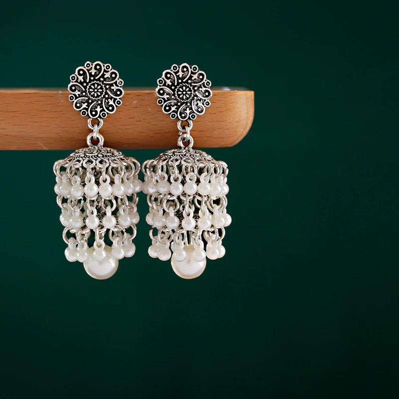 Retro Silver Color Ladies Indian Earrings 2020 Women's Orecchini Jewelry Boho Gypsy Pearl Tassel Jhumka Earrings