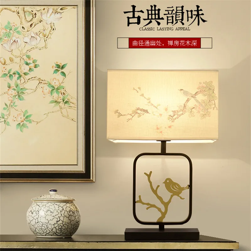 

New chinese style vintage iron art Table Lamps Modern creative elegant fabric touch switch lamp for bedside&foyer&studio GMF016