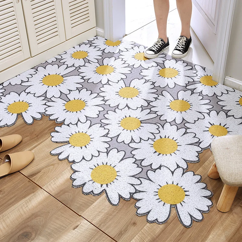 Anti-slip PVC Silk Irregular Shape Door Mat, Washable Carpet, Entrance Rubbing, Small Daisies, Nordic Rug, Indoor Kitchen