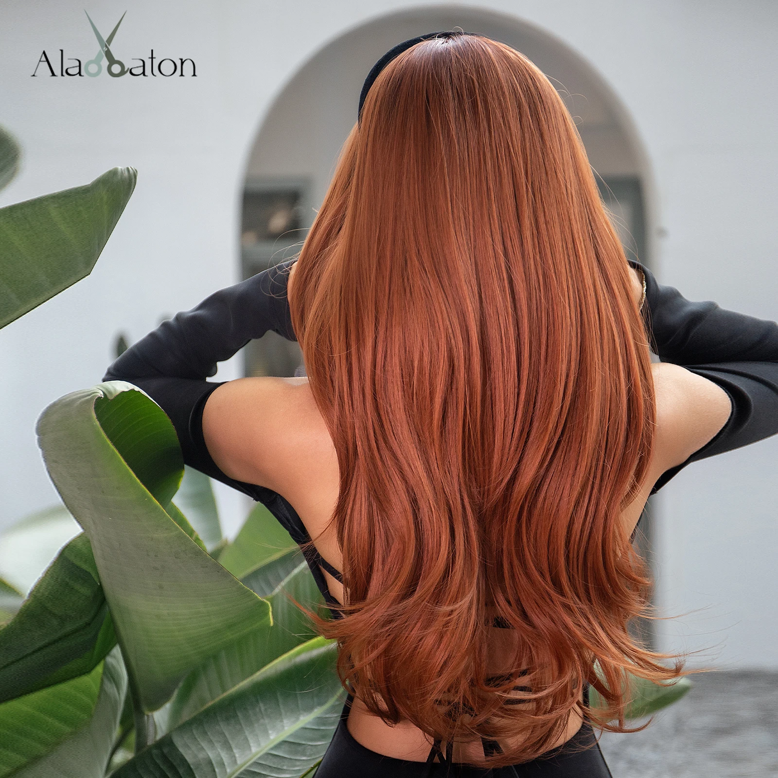 ALAN EATON Long Straight Synthetic Wigs for Women Red Brown Copper Ginger Wigs with Bangs Cosplay Daily Party Heat Resistant