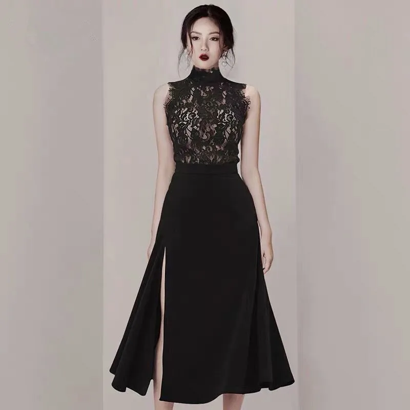 

JSXDHK Summer Runway Two Piece Set Women Sleeveless Stand Collar Hollow Out Lace Black Shirt + High Waist Split Long Skirts Suit