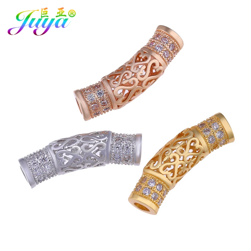 Juya DIY Gold/Rose Gold Micro Pave Zircon Metal Curved Tube Beads For Handmade Natural Stones Pearls Jewelry Making