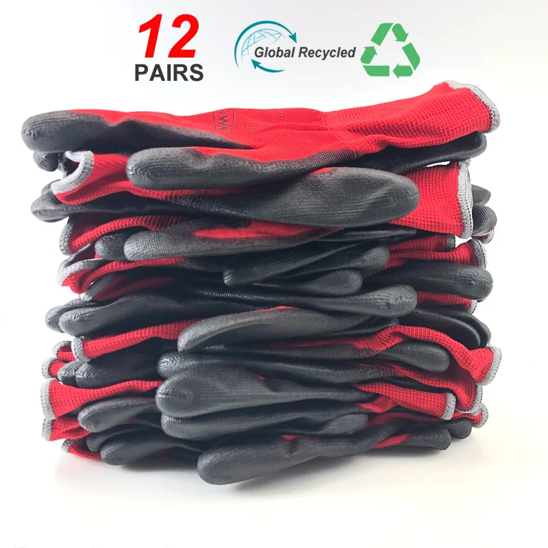 24Pieces/12 Pairs Breathable Durable Comfortable Seamless Knitted Nylon Dipped PU Palm Safety Protective Work Garden Gloves.