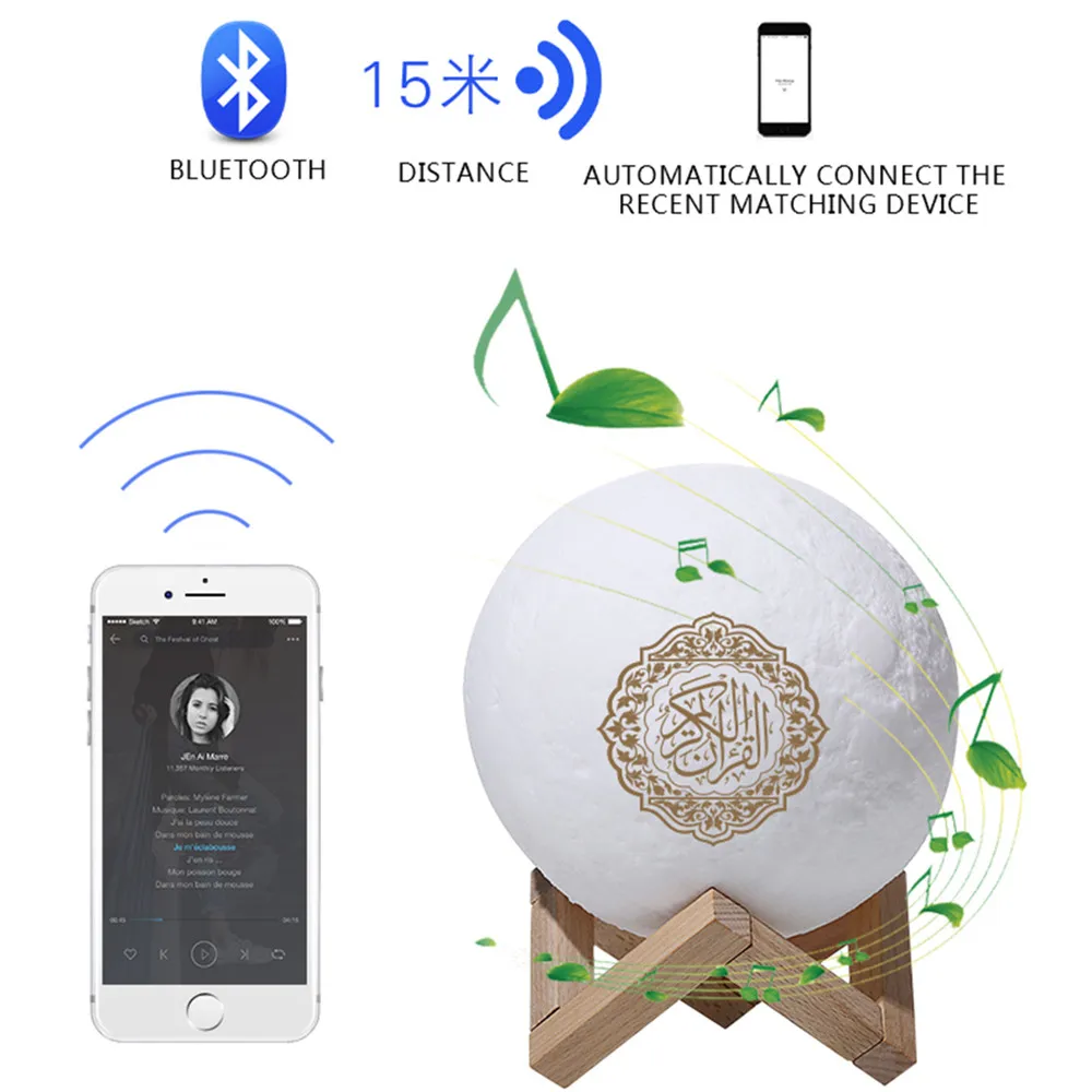 Quran Lampu Bulan Speaker Bluetooth Nirkabel Kontrol Jarak Jauh LED Warna-warni Lampu Malam Cahaya Bulan Muslim FM TF Pemutar Musik