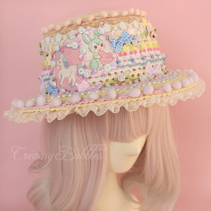 

Original lolita showa retro hand made heavy sweet cute little rabbit teddy bear hat harajuku hat