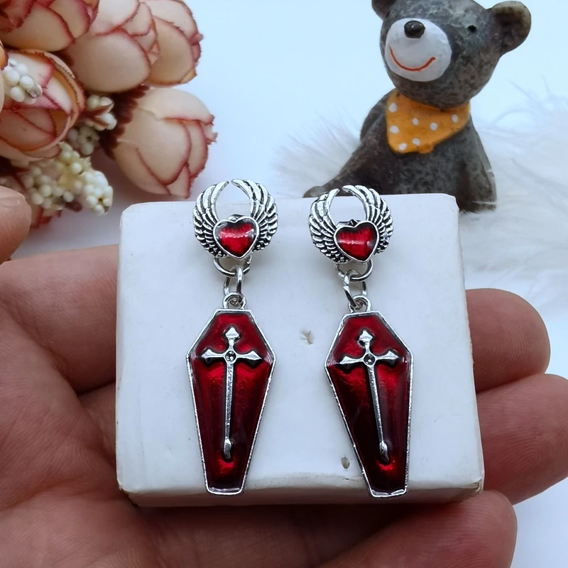 New Punk Gothic Women's Earrings Retro Death Cross Red Blood Coffin Pendant Earrings Zinc Alloy Jewelry Wholesale