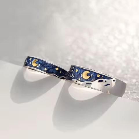 2Pcs S925 Silver Plated Van Gogh Blue Starry Sky Open Lover Rings Band Love Forever Ring Set Romantic Jewelry