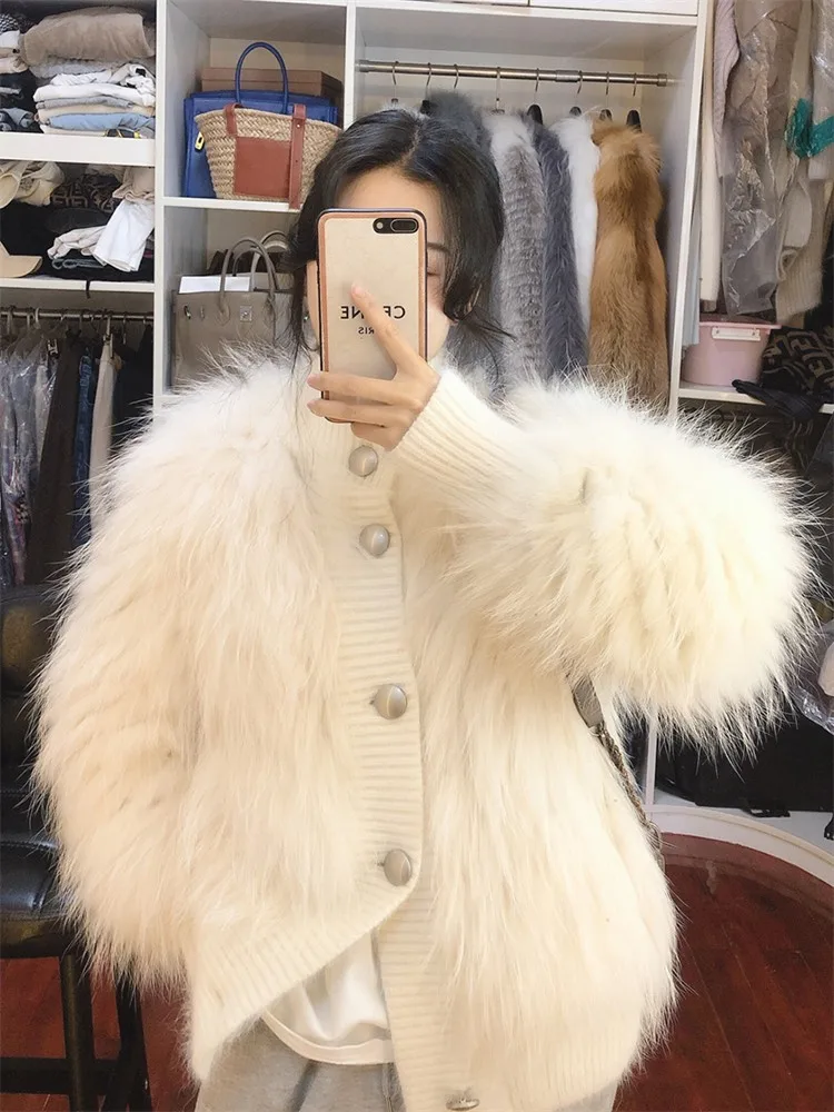 Glossy Stand Collar Imitation Fox Fur Coat Female 2021 Winter New White Faux Raccoon Dog Hair Short Overcoat High Quality Fluffy