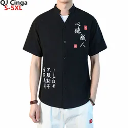 Summer New Black V Neck Short Sleeve Shirt Men Single Breasted Chinese Style Print Shirts Fashion Casual Top Camisa Big Size 5XL