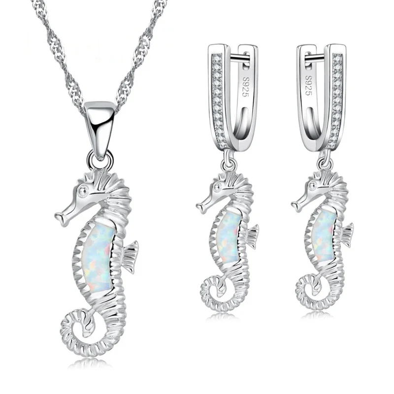 Ladies Jewelry Set Cute Inlaid Seahorse Pendant For Women Wedding Accessories Girl Necklace Earring Birthday Gift