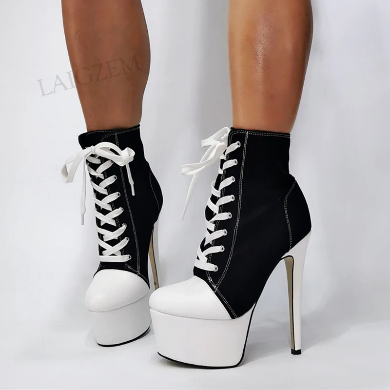 

BERZIMER FASHION Women Ankle Platform Boots Lace Up Stiletto High Heels Booties Casual Fashion Shoes Woman Large Size 44 47 52
