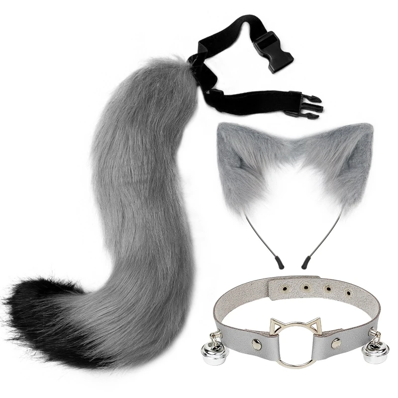 Fluffy Animal Ears Headband Furry Cat Ears Hair Hoop Necklace Tail Set Leather Choker for Halloween Party Fancy Dress