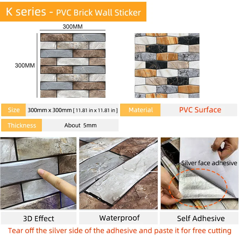 Kaguyahime 10Pcs 3D Self-Adhesive Wall Paper 30x30CM DIY Stone Pattern Wallpaper Waterproof Wall Panel Home Decor Wall Stickers