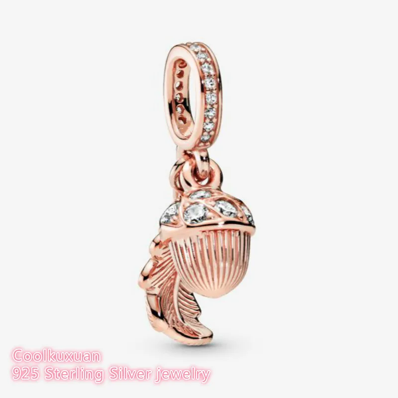 

Autumn 100% 925 Sterling Silver Acorn & Leaf Dangle Charm Rose Gold beads Fits Original Pandora bracelets Jewelry Making