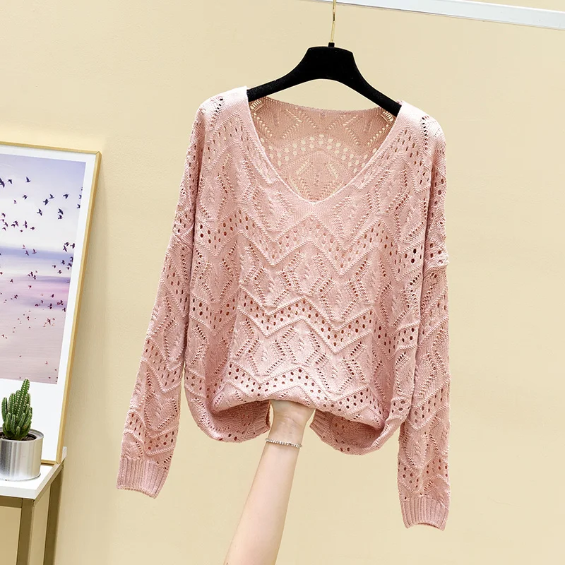 Hollow-out sweater female han edition loose render blouse long-sleeved v-neck sweater thin new spring  fashion