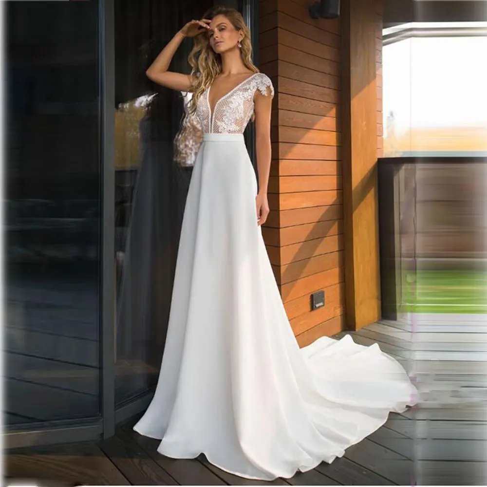 Elegante abito da sposa Boho una linea abito da sposa in pizzo Chiffon estivo Sexy scollo A V profondo Backless Vintage Robe De Mariee su misura