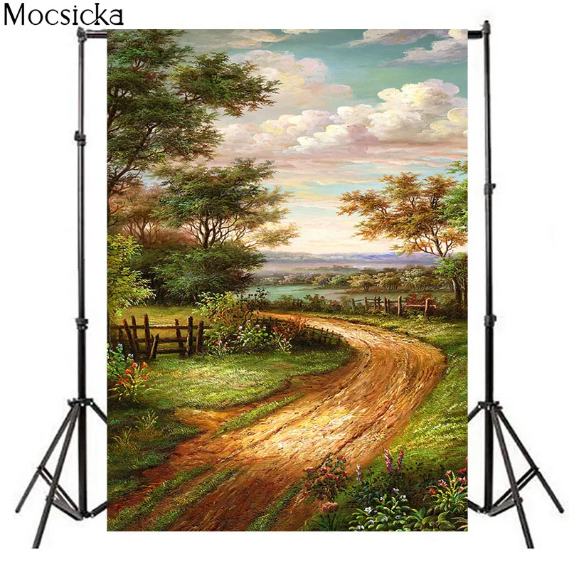 Mocsicka Retro Country Trail Photography Background Spring Green Field Decoration Props Professional Portrait  Backdrop Banner