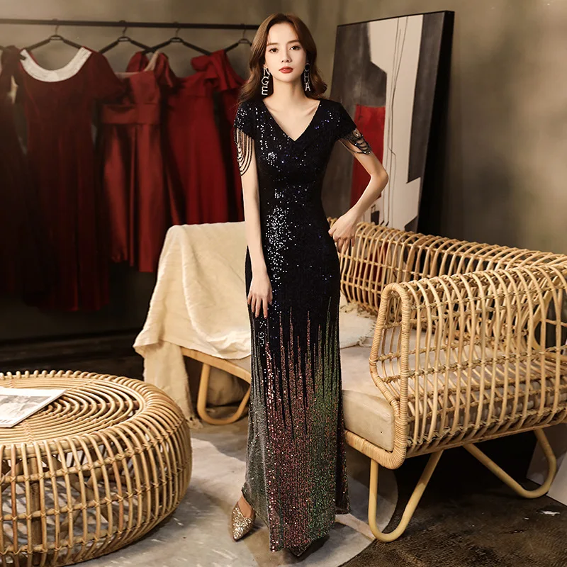 

Female Elegant Formal Party Dress Sexy V-Neck Backless Temperament Banquet Gown Exquisite Gradients Sequins Celebrity Dresses