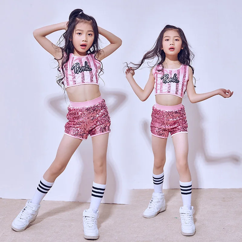 เด็กหญิงHip-Hop Jazz Dancewearเลื่อมGlitter Crop Topกางเกงขาสั้น 2 ชิ้นชุดเด็กTop & กางเกงเต้นรำเครื่องแต่งกาย