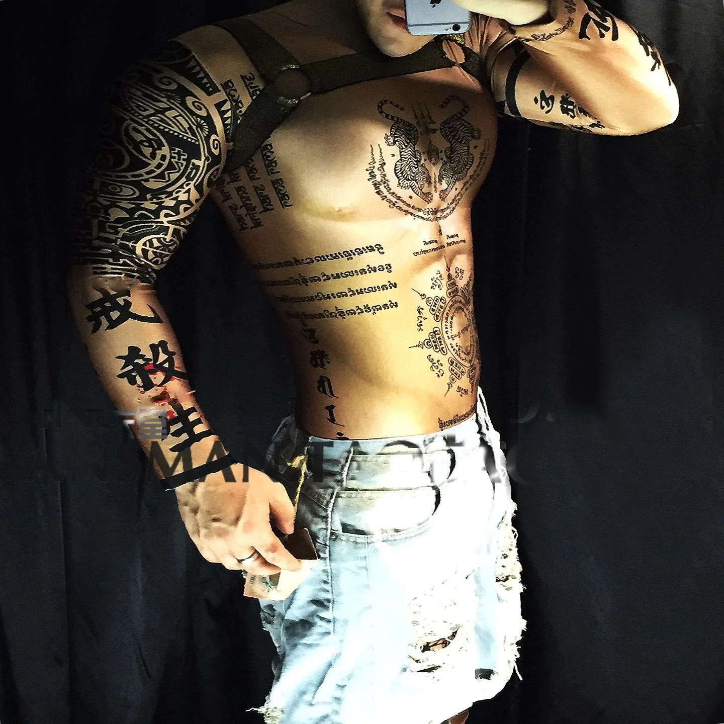 Party Nightclub Male Singer DJ DS GOGO Drunk Life Dreams 3D Fake Muscle Fake Abdominal Tattoo Costume