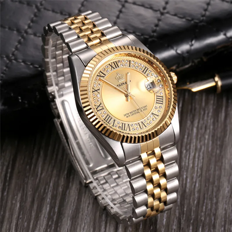 

Original New 2018 REGINALD Quartz Watch Men 18k Yellow Gold Fluted Bezel Pearl Diamond Dial Full Stainless Steel Luminous Clock