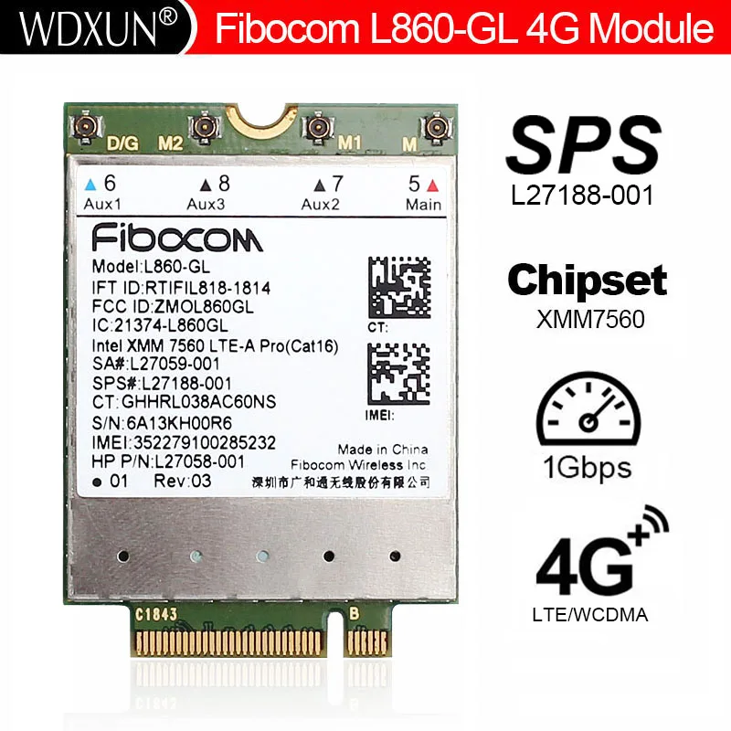 FDD-LTE Fibocom Cat16, TDD-LTE, USB, 4G, L860-GL, tarjeta Wlan, SPS, L860-GL-16, para portátil HP Elitebook X360, 830, 840, 850