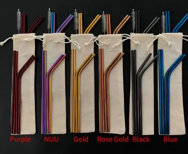 6 Colors Customized Bag Packing 4+1 Reusable Stainless Steel Drinking Straws Set Metal Straws Set with Cleaning Brush