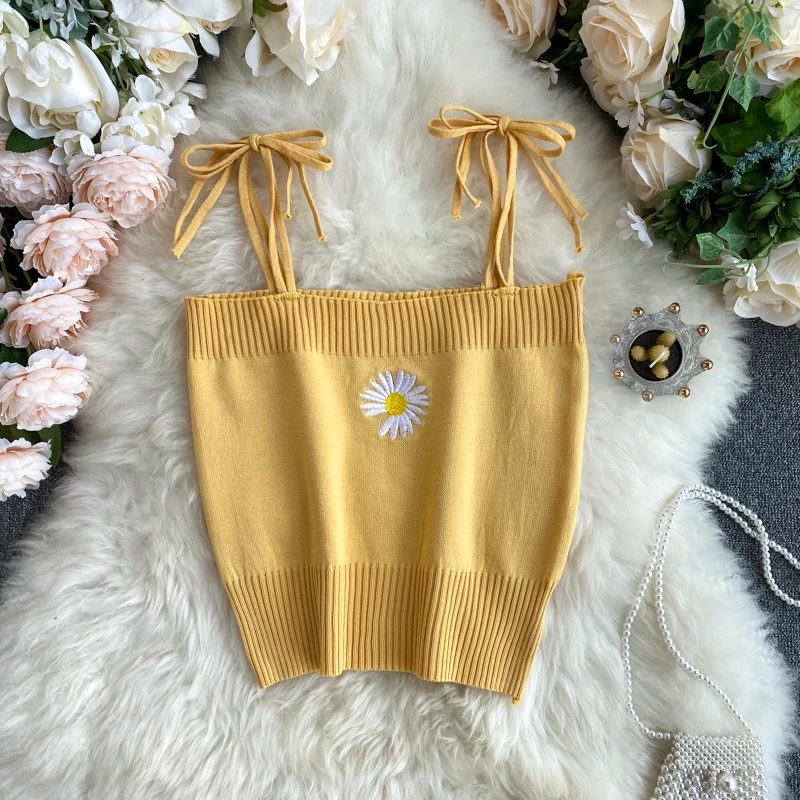 Pearl Diary Knitting Tops Summer Spaghetti Strap Daisy Embroidery Crop Tops Tied Bow Strap Solid Sweet Short Top For Women