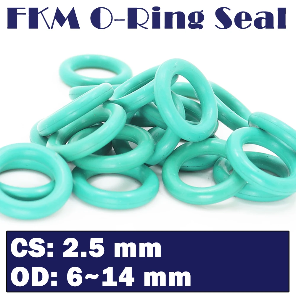 CS 2.5mm FKM Rubber O RING OD 6/7/8/9/10/11/12/13/14*2.5 mm 100PCS O-Ring Fluorine Gasket Oil seal Green ORing