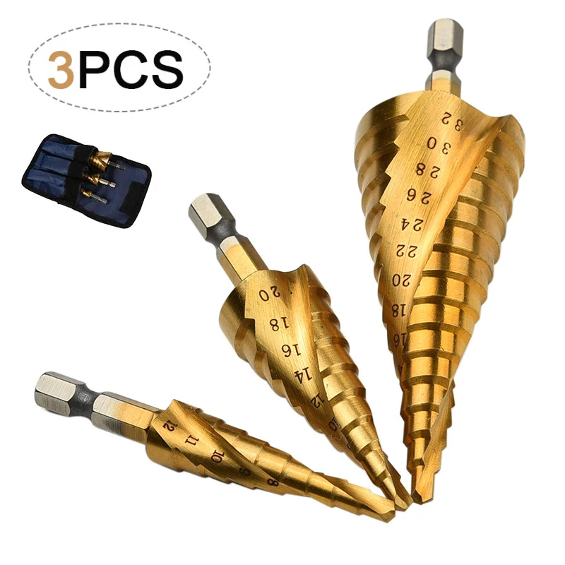 Hss Titanium Spiral Grooved Step Drill Bits 4-12mm 4-20mm 4-32mm Step Cone Cutting Tools Woodworking Metal Hole Drill Bits