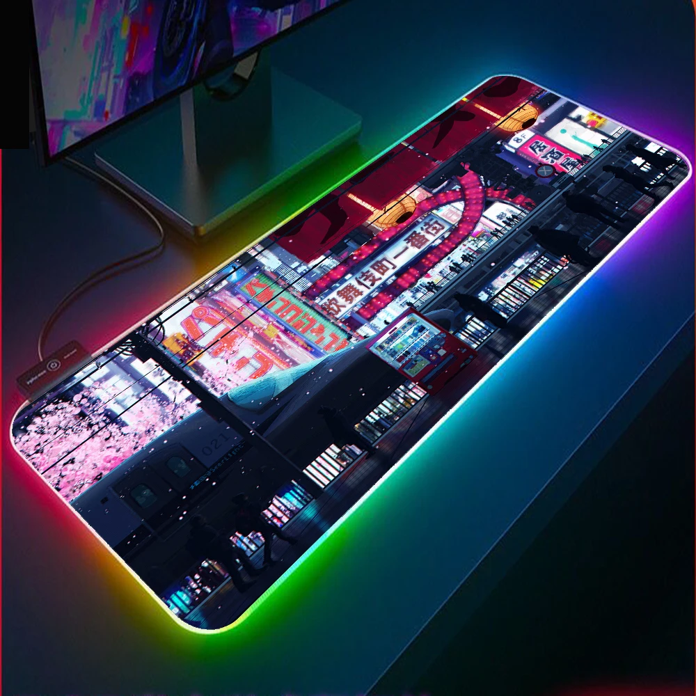 Japanese Urban Street Night View HD Wallpaper Large Mouse Pad RGB Computer Non-Slip Luminous LED Desktop Pad Game Accessories