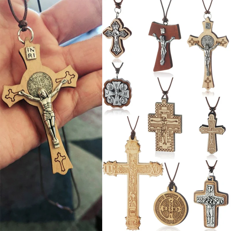 Catholic Crucifix Pendant Necklaces For Men Wood Cross Necklace Leather Rope Chains Prayer Religious Jewelry Jesus Neckless INRI