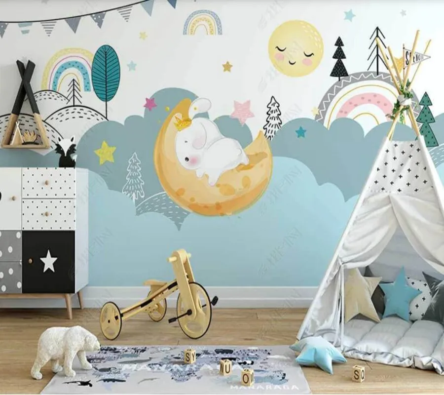 Custom papel parede hand-painted simple starry moon white rabbit children's room for living room bedroom decoration wallpaper