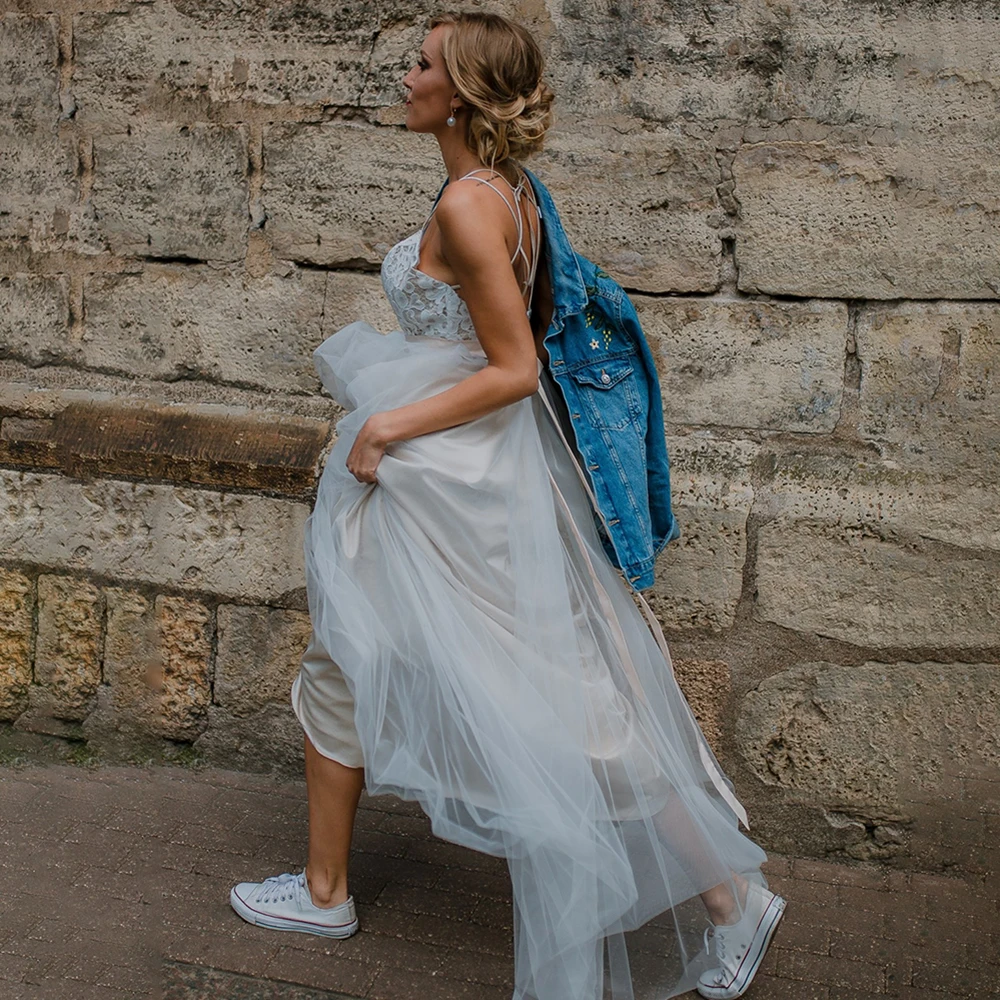 Robe de mariée en Tulle à bretelles spaghetti, en dentelle, sur mesure, grande taille, Sexy, rustique, ceinture croisée, dos nu