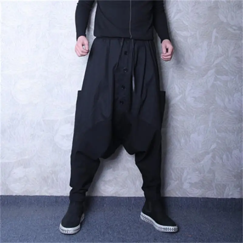 

Autumn fashion brand men's personality low crotch fashion Japanese dark crotch single-row buckle Harem hip-hop men's wear