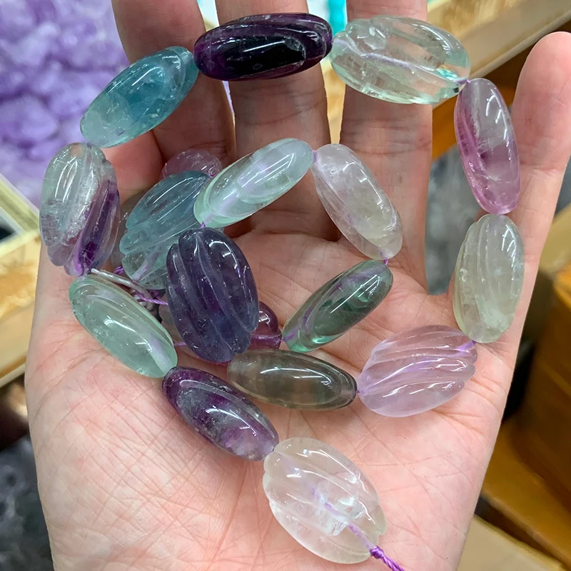 16x22mm Natural Fluorite Stone Beads 15\'\' Carved Oval DIY Loose Beads For Jewelry Making Women Beads Bracelet Necklace Gift