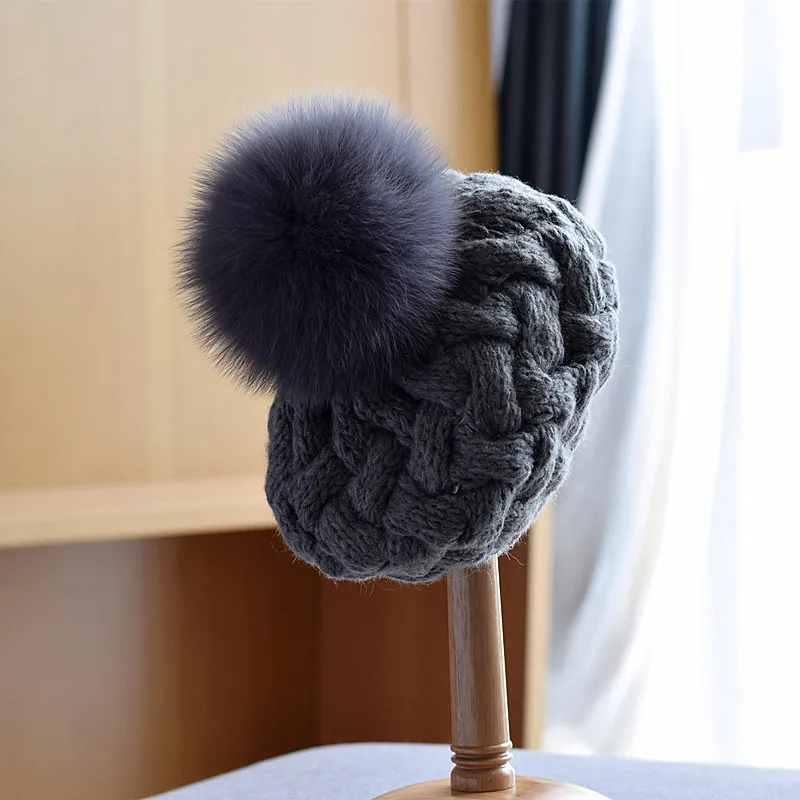 Real Fox Fur Ball Twist beanies warm cute woolen beret girl women autumn and winter soild color big hair ball knitted hat