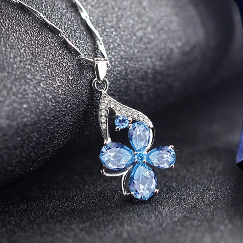 Cellacity Trendy Clover Pendant Necklace for Women Silver 925 Jewelry Aquamarine Topaz Charms Female Clavicle Chain Gift Party