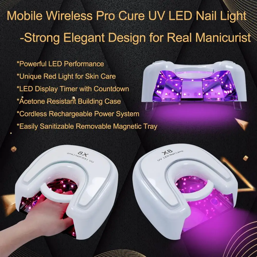 Red Light Cordless LED Nail Lamp Rechargeable Lithium Battery UV LED Nail Lamp Professional Cure 48w UV LED Lamp With USB Port