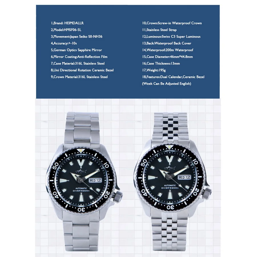 HEIMDALLR relojes de buceo para hombre, reloj automático para hombre, 20 barras, relojes de pulsera mecánicos de viento automático impermeables C3 luminoso NH35 zafiro